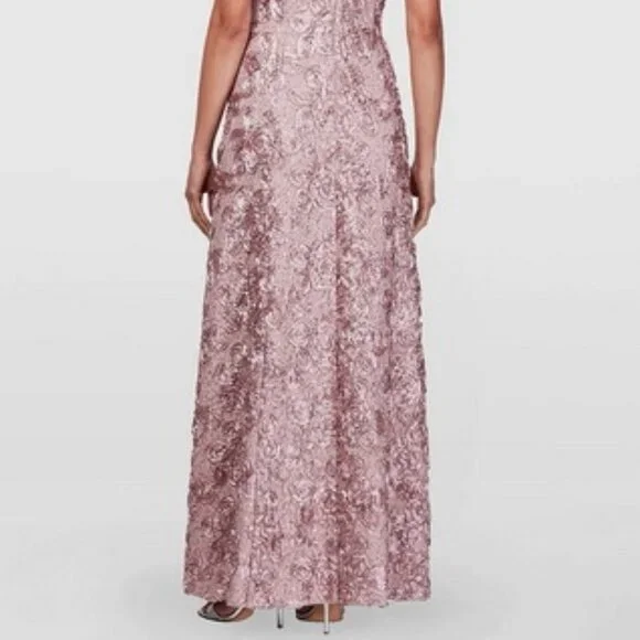 Alex Evenings Pink Sequin Rosette Lace A-Line Gown